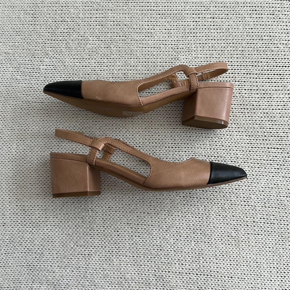 Express Tan Slingback Block Heel with Black Cap Toe